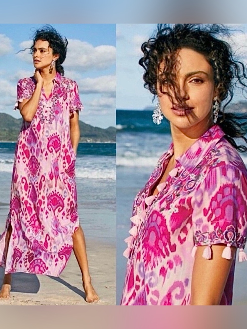 Soft Surroundings Pink Palace Embroidered Tassel Rayon Maxi Tunic Dress M